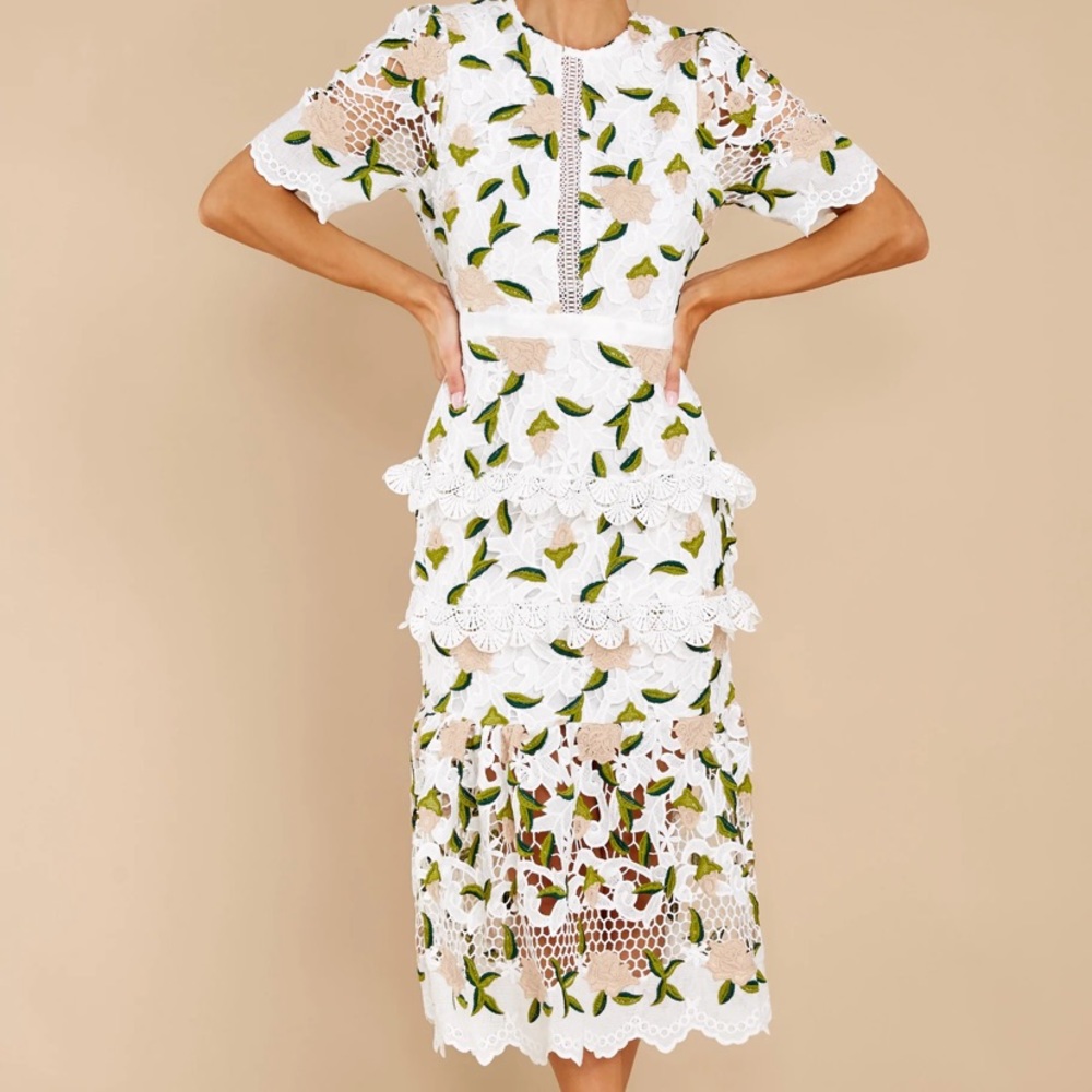 Red Dress Boutique All I Wanted Tan Floral Lace Midi Dress